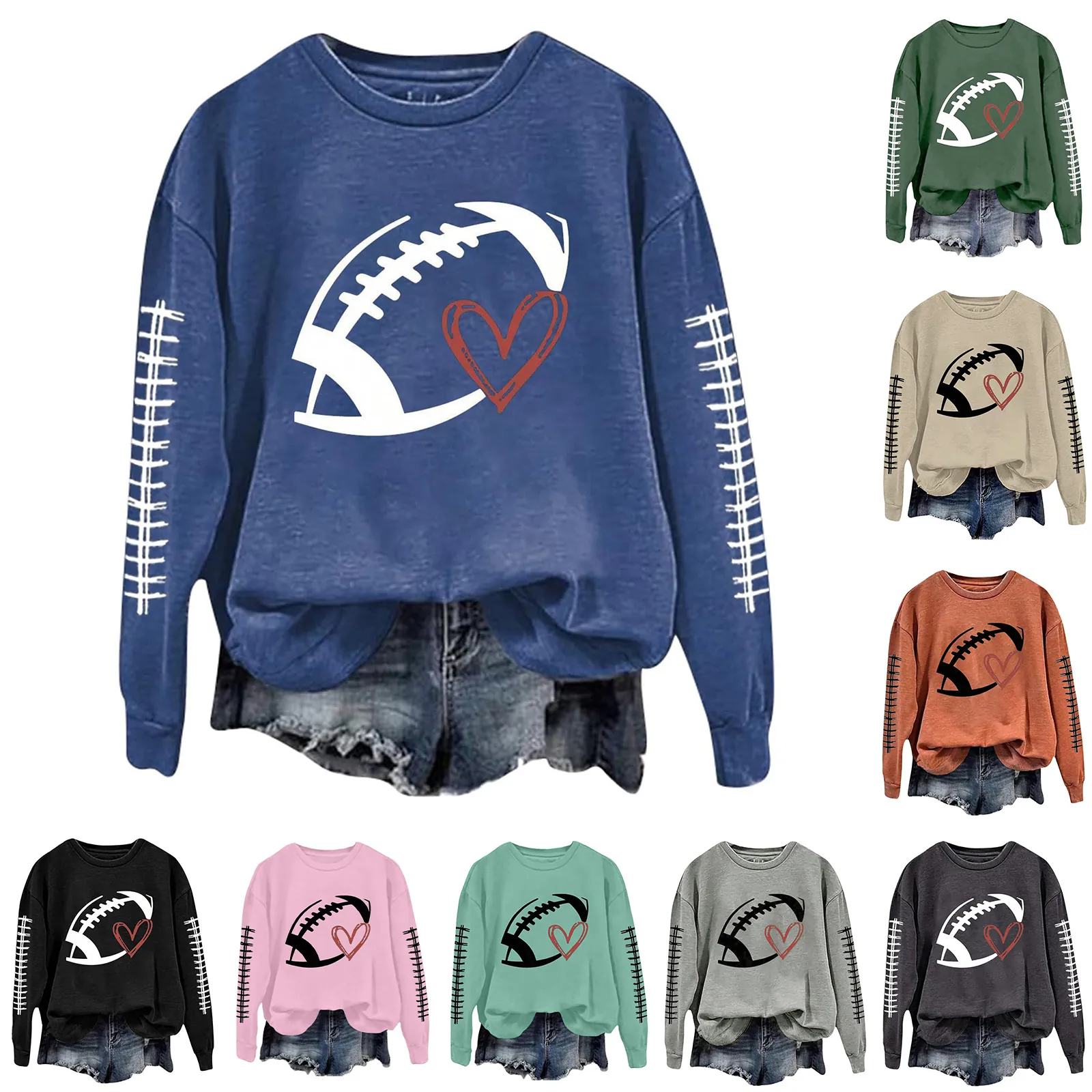 Women's Casual Round Neck Sweatshirt Rugby Heart Graphic Printed Long Sleeve Pullover Loose Fit Sporty Cotton Blend Top