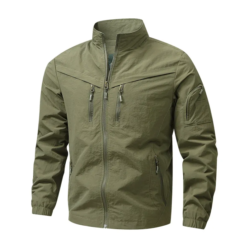 Chaqueta Cortavientos Táctica al Aire Libre para Hombre Multibolsillos Cuello Alto Abrigo Ligero de Poliéster Parte Superior Casual Talla Grande