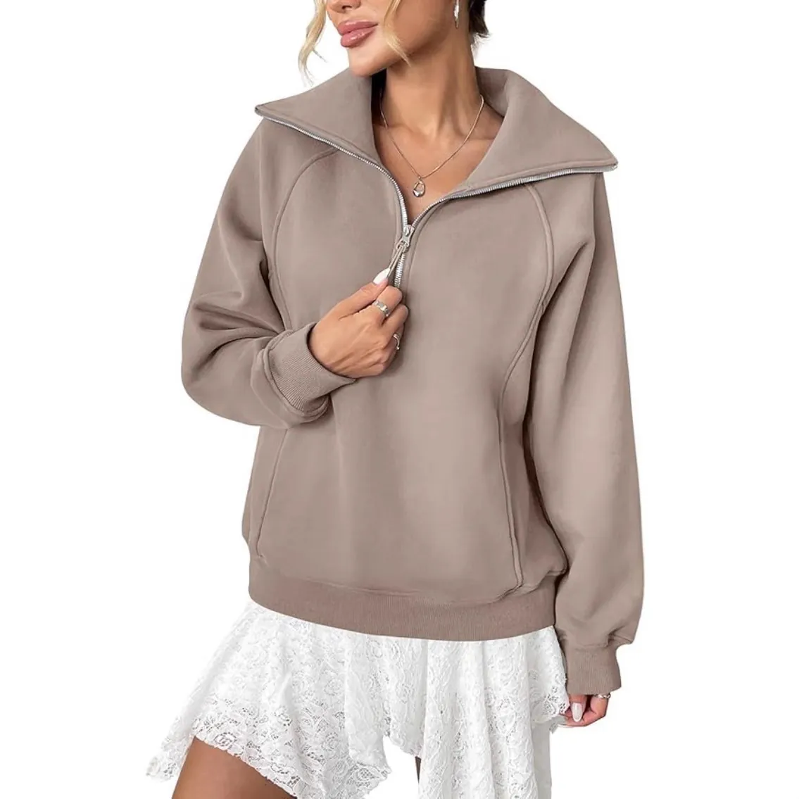 Felpa da Donna Larga con Mezza Zip in Pile a Maniche Lunghe Pullover Oversize con Tasca Tinta Unita Felpa con Cappuccio Casual alla Moda