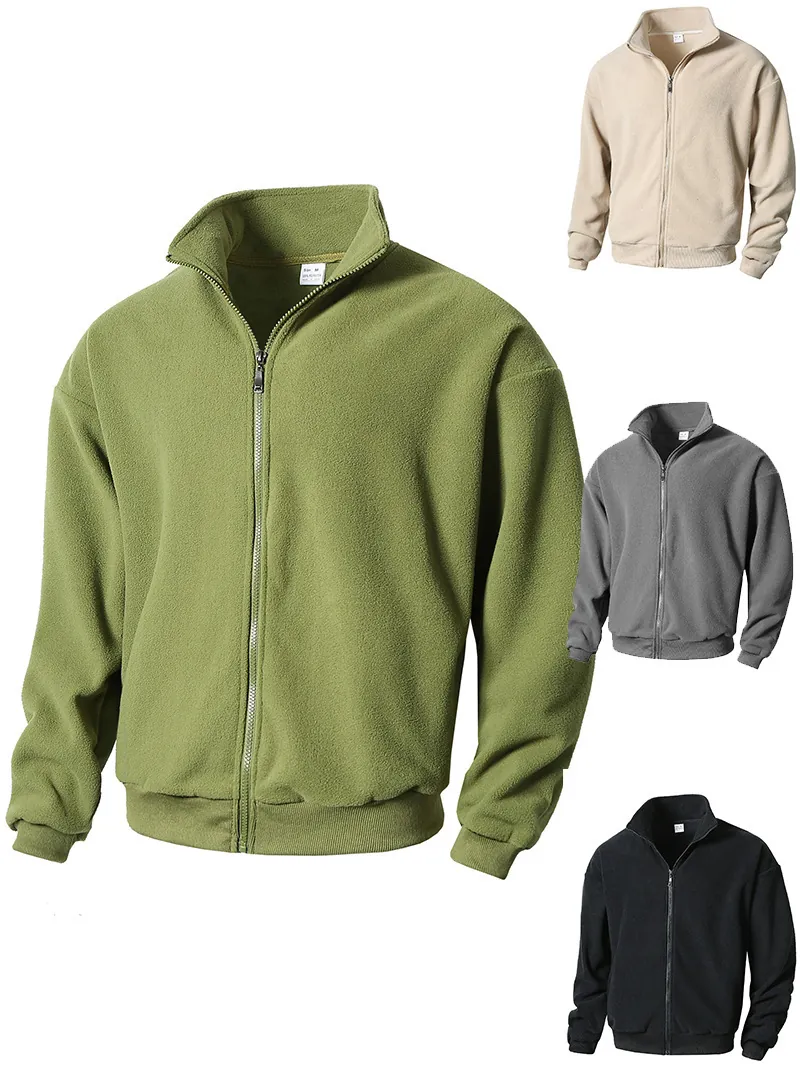 Men's Casual Stand Collar Full Zip Sweatshirt Fleece Jacket Solid Color Long Sleeve Top With Ribbed Cuffs And Hem Outerwear