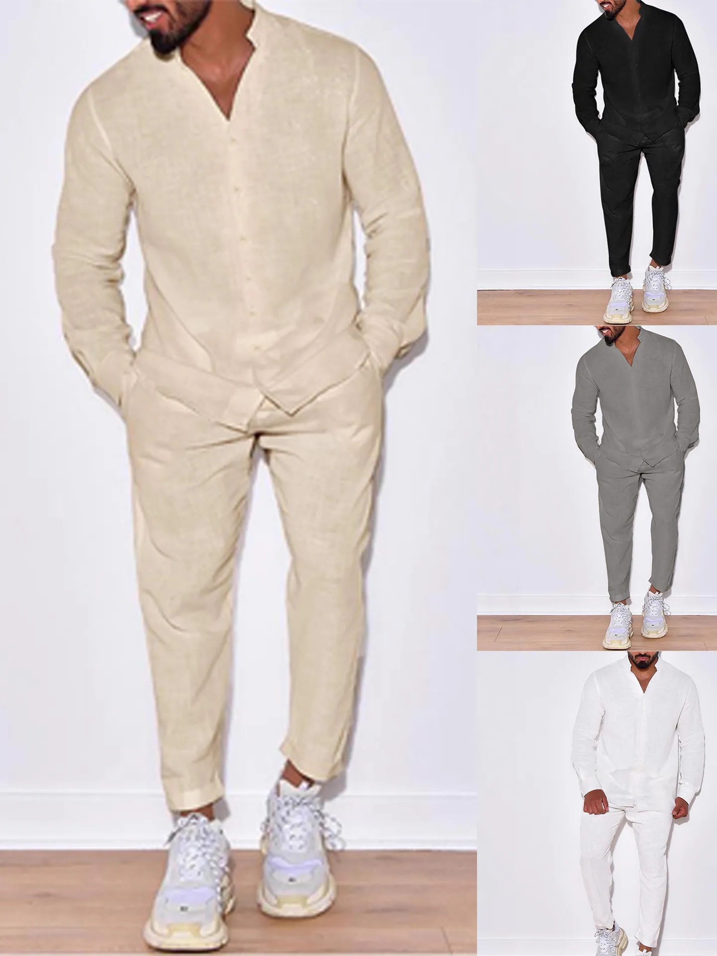 Ensemble Haut Et Bas En Lin Pour Hommes Chemise À Manches Longues À Col Montant Et Pantalon Cargo Droit Uni Automne