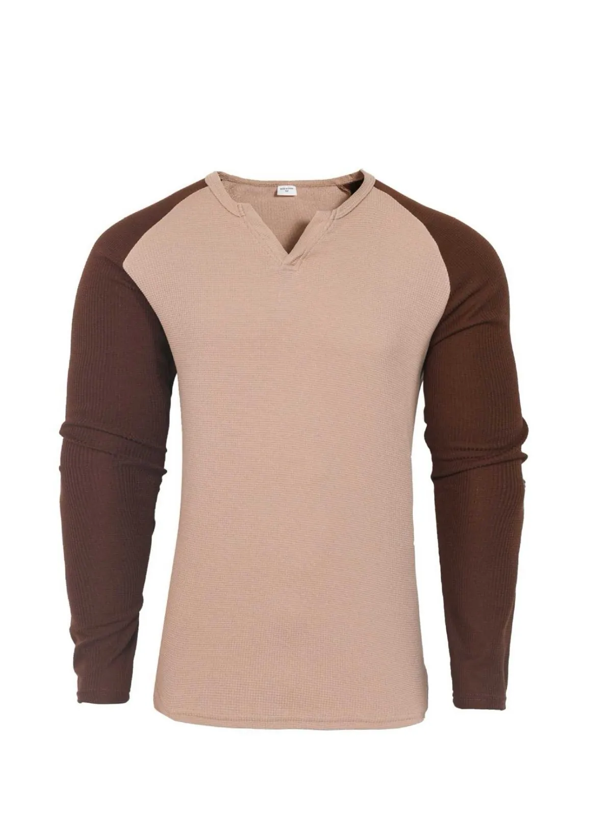 Herren Waffelstrick Langarm T-Shirt Raglan Farbblock Slim Fit V-Ausschnitt Sportliche Basisschicht Outdoor Casual Top