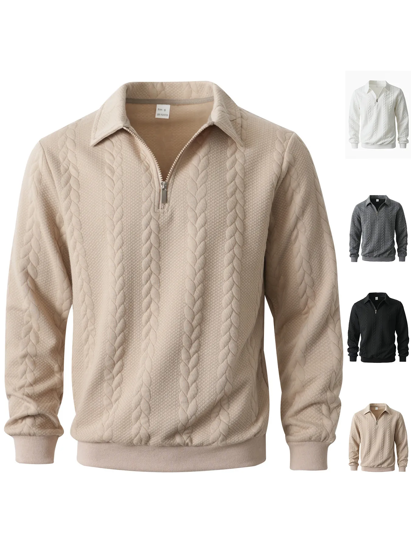 Sweat-shirt à Demi-zip pour Homme Col à Revers Manches Longues Texture Torsadée Top Décontracté Couleur Unie