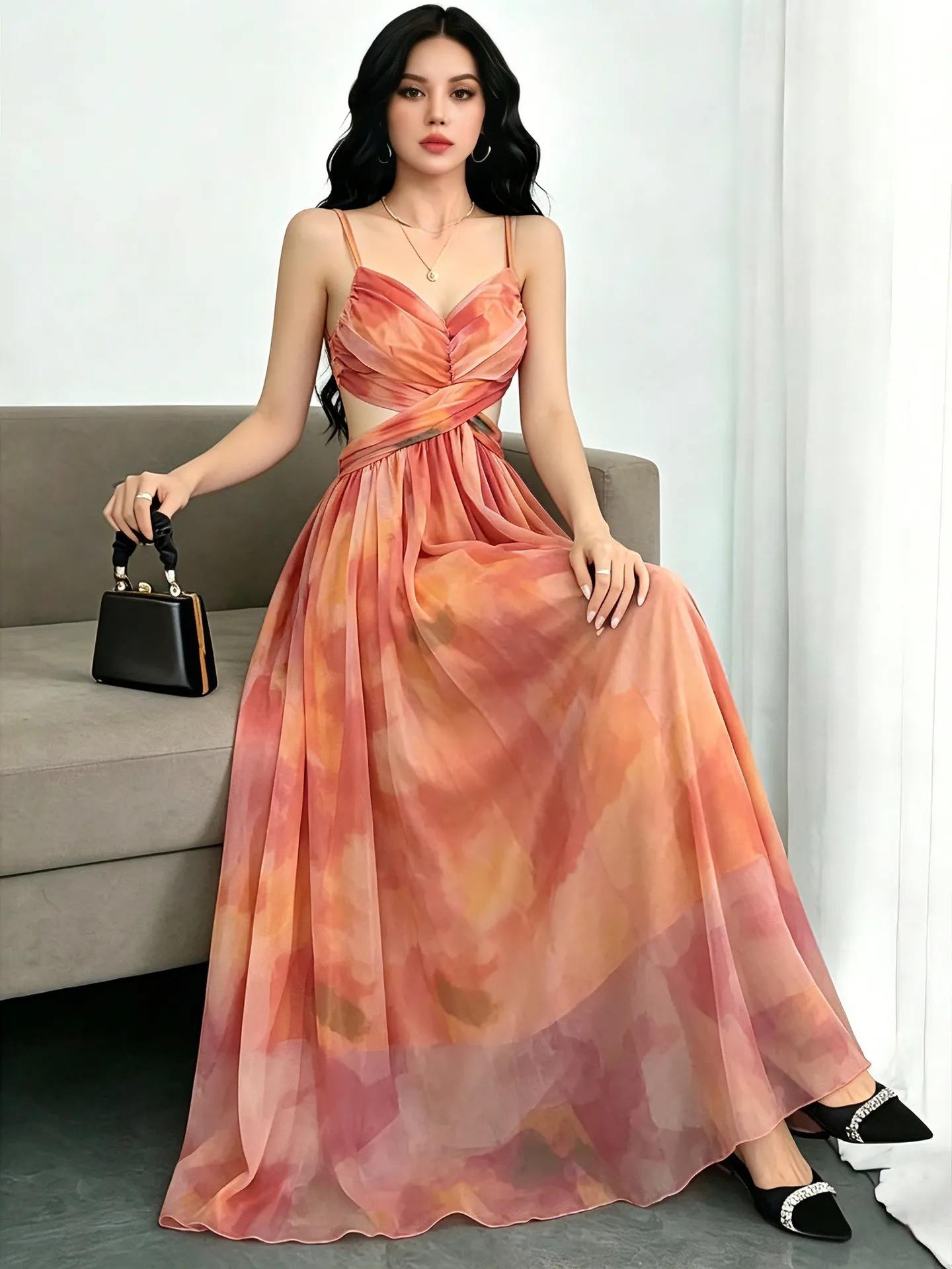 Bohemian Orange Blumendruck Mesh Camisole Maxikleid Für Damen Sommer Strandurlaub Rückenfrei Bodenlang Top And Bottom
