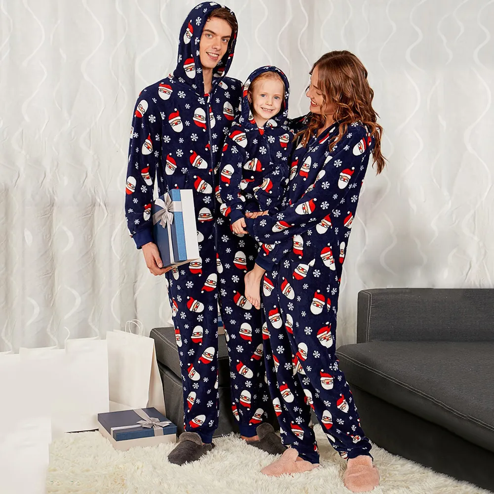 Navy Blue Christmas Santa Claus Printed Hooded Jumpsuit For Family Polyester Warm Loungewear Snowflake Pattern Onesie Top And Bottom