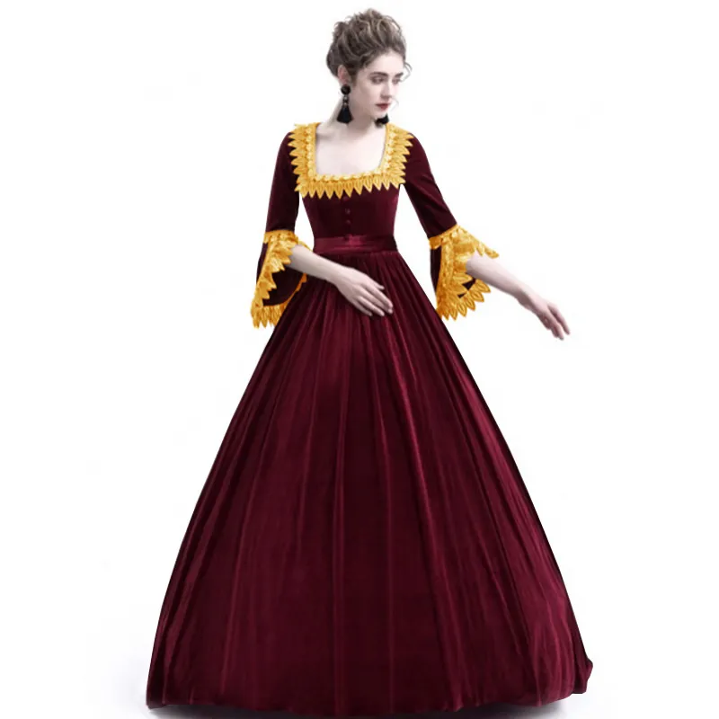Damen Mittelalter Renaissance Samtkleid Viktorianisch Gothic Hohe Taille Glockenärmel Eckiger Ausschnitt Langes Party Abendkleid