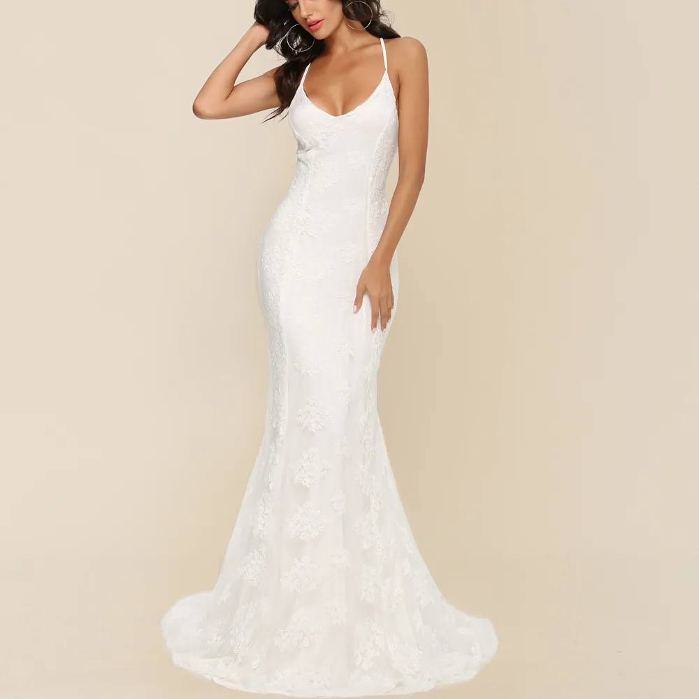 Women White Lace Wedding Dress Sexy V-Neck Spaghetti Straps Backless Fishtail Bridal Gown Elegant Large Train Evening Party Dress