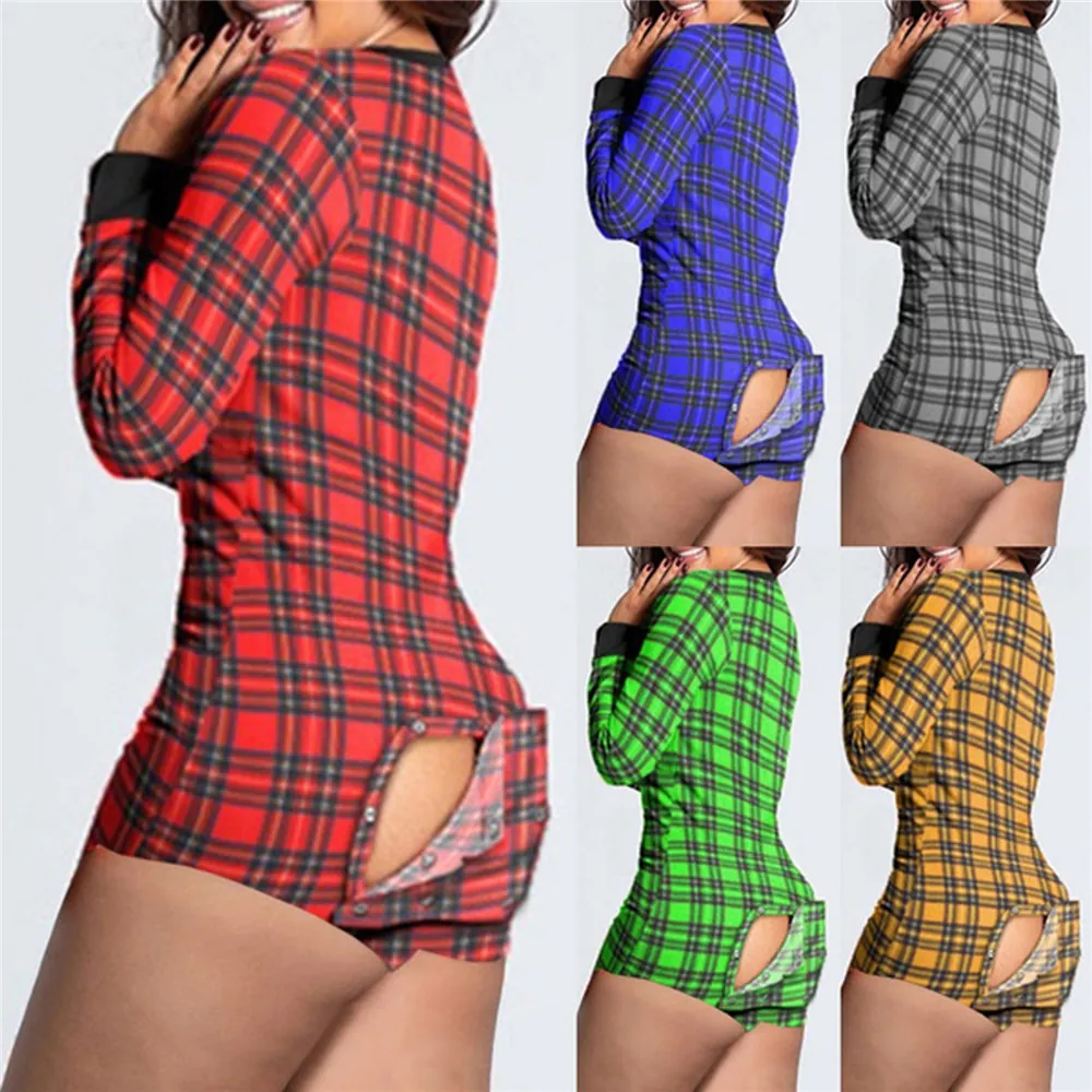 Damen Polyester Kariert Bedruckt Einteiler Schlafanzug Romper Mit Funktionelle Klappe Langarm Nachtwäsche Top And Bottom