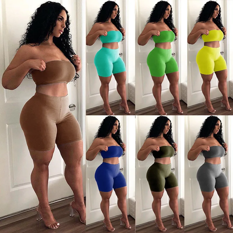 Damen Sport Shorts Set Hohe Elastizität Enges Tube Top Und Radlerhose Für Fitness Laufen Training Lässiges Top Und Bottom