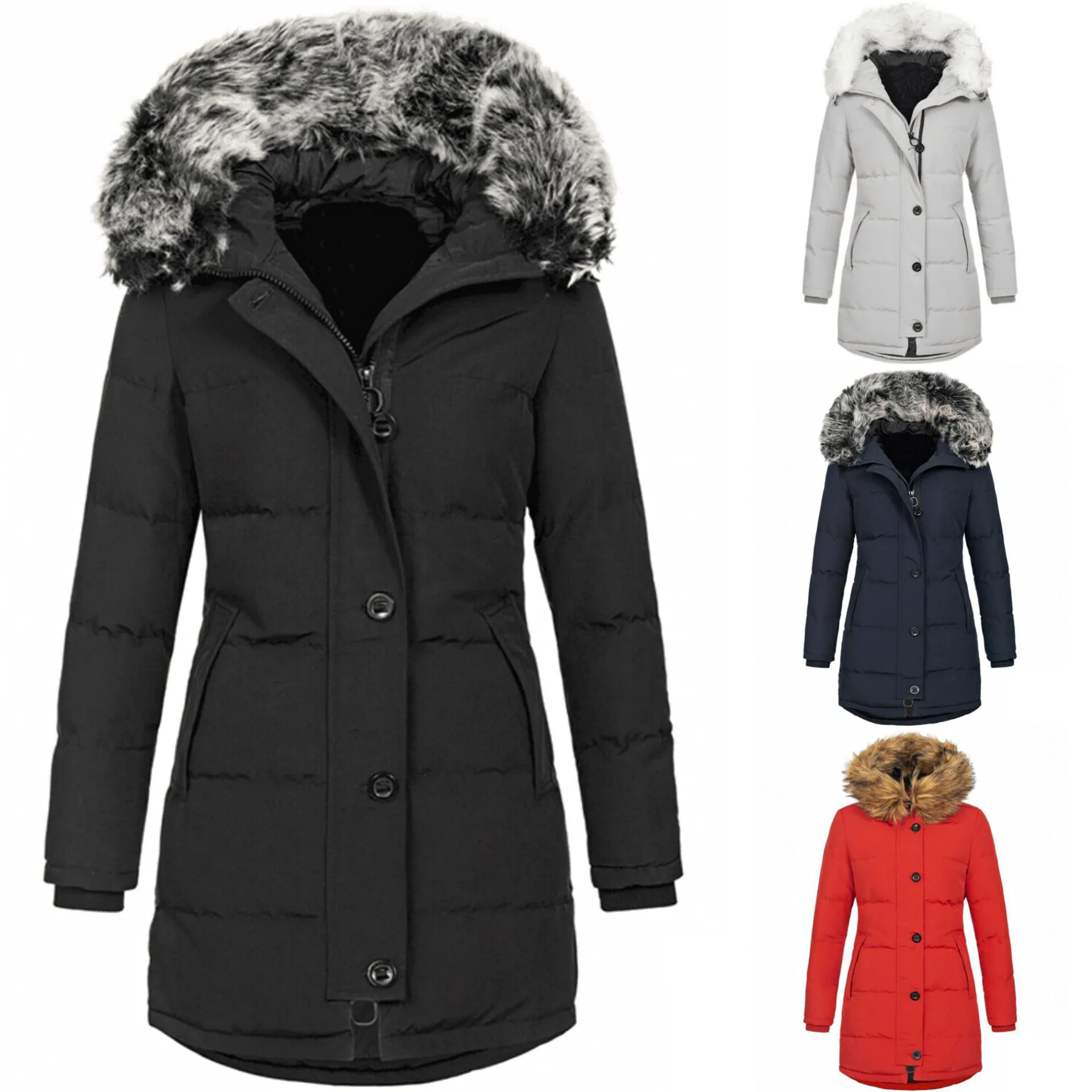 Giacca Imbottita con Cappuccio Media Lunghezza Donna Slim Fit con Collo in Pelliccia Sintetica Cappotto Invernale Trapuntato Top