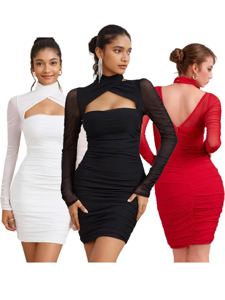 Women Sexy Long Sleeve Mesh Mini Dress Ruched Cross Cut Out Halter Neck Bodycon Short Party Dress Spring Summer Clubwear