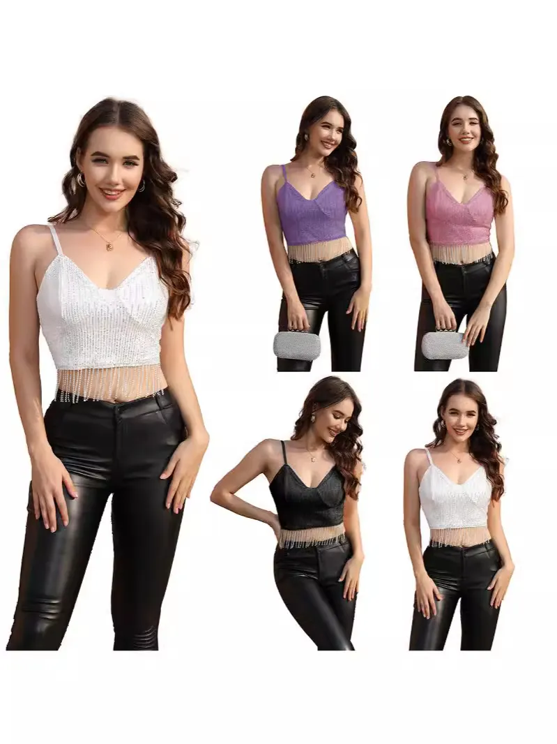 Crop Top Sexy en Paillettes Patchwork pour Femmes Camisole Avec Glands en Strass Chaîne en Cristal Col en V Débardeur Party Clubwear
