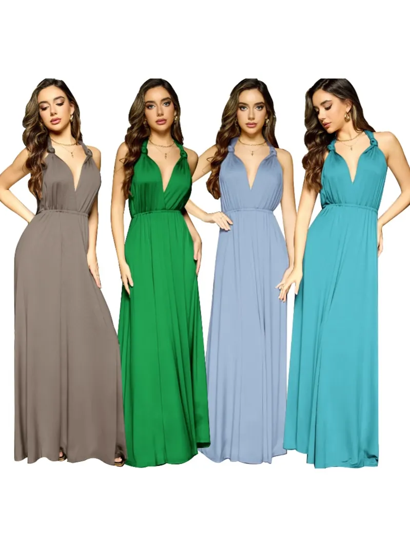 Robe Longue Femme Français Vintage Multi-Positions À Nouer Dos Nu Sexy Taille Haute Grande Amplitude Demoiselle d'Honneur