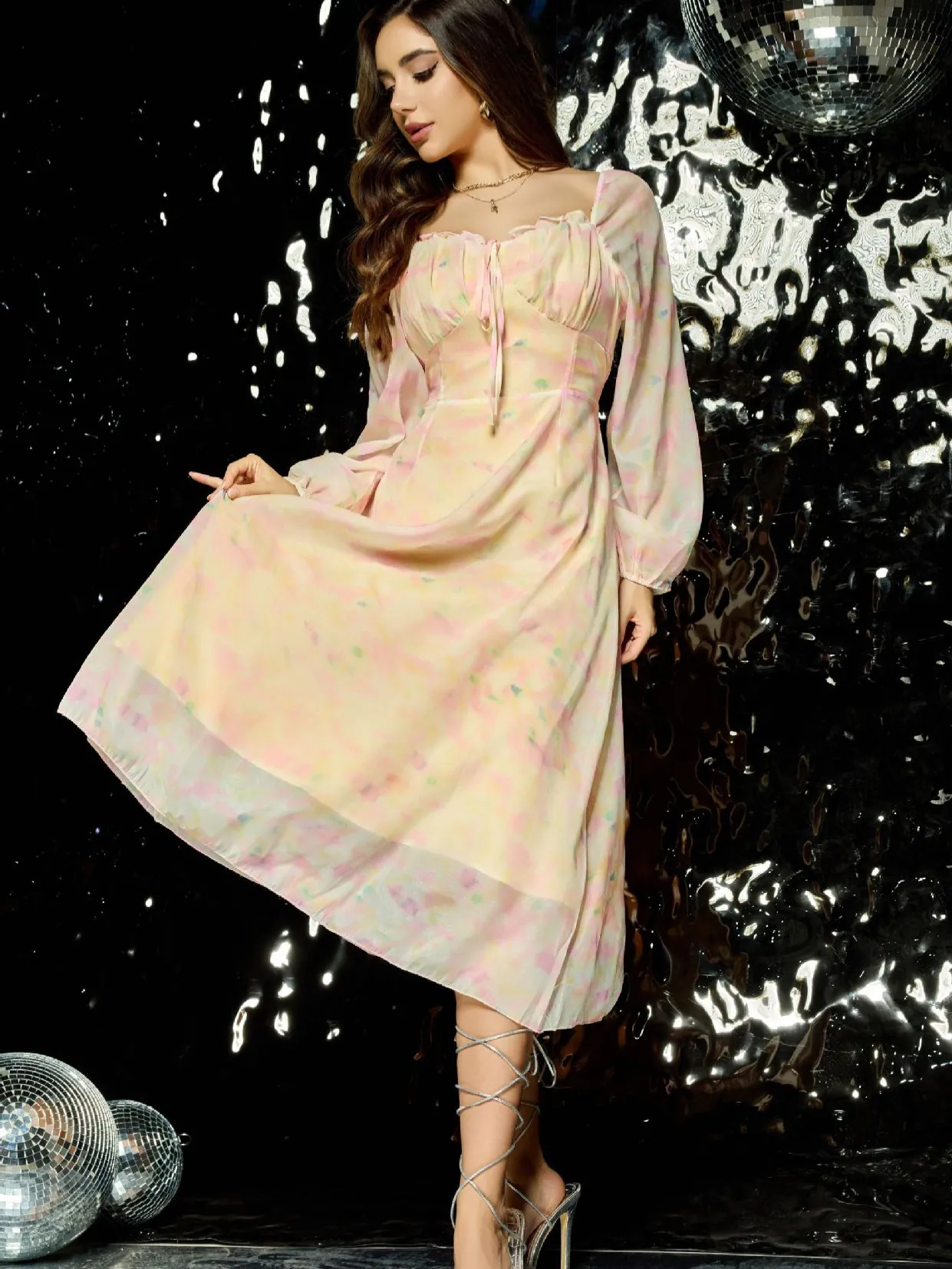 Vestido Midi Floral Retro Francés para Mujer Manga Larga Cuello en V Elegante Vestido de Gasa Estampado Línea A para Fiesta de Primavera Verano