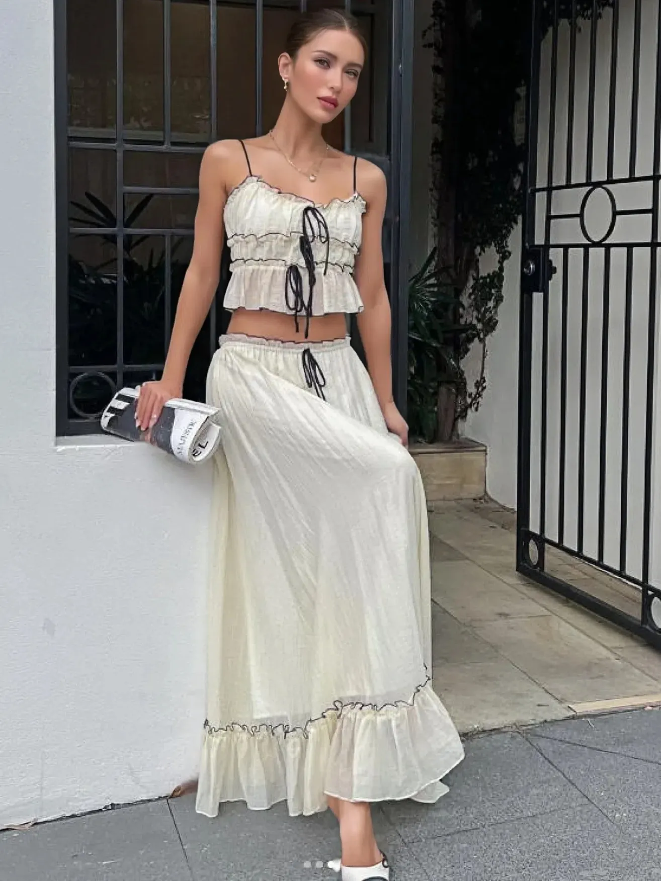 Women Sweet Fairy Style Smocked Camisole Top And Ruffle Midi Skirt Off-White Polyester Summer Outfit With Black Bow Decor
