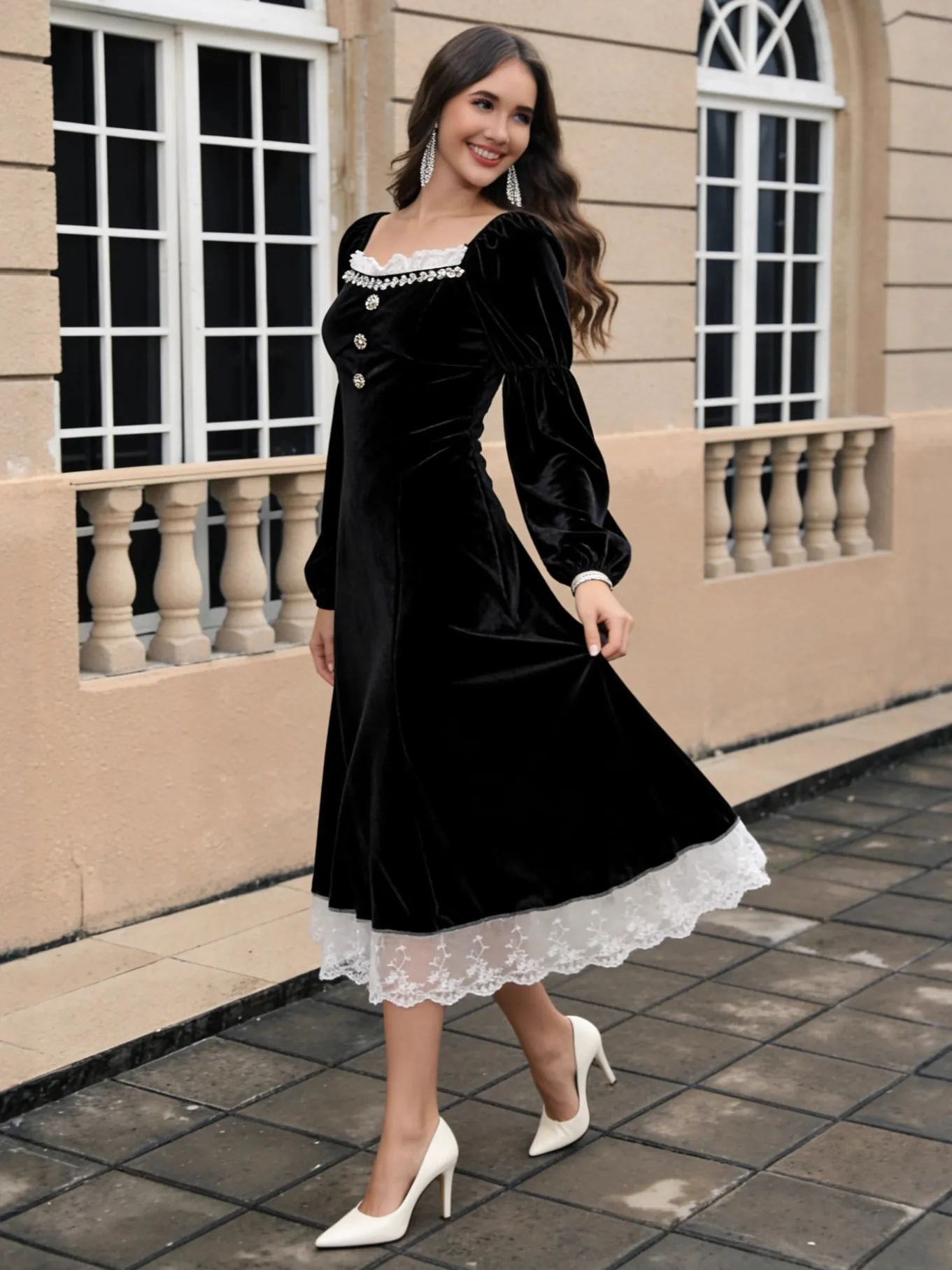 Abito Vintage Francese in Velluto Nero Stile Audrey Donna Patchwork di Pizzo Strass Vestibilità Aderente Manica Lunga Linea A