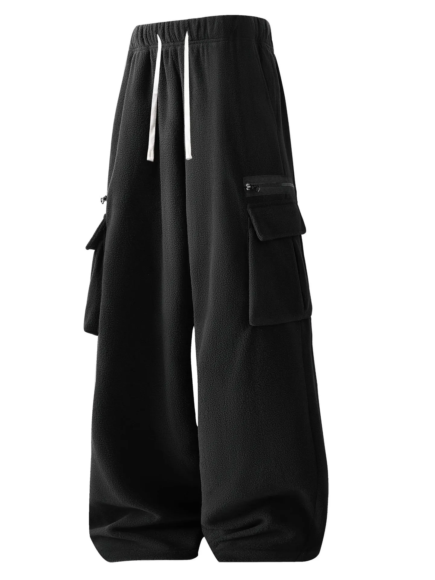 Men's Plus Size Polar Fleece Sweatpants Loose Fit Warm Winter Cargo Joggers With Drawstring Solid Color Casual Bottom