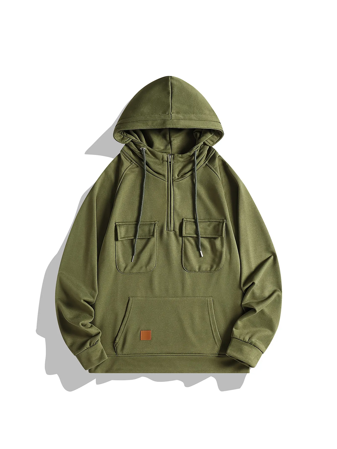Sudadera con Capucha de Felpa Pesada Retro Americano para Hombre con Media Cremallera y Bolsillos Cargo Top Casual Cálido