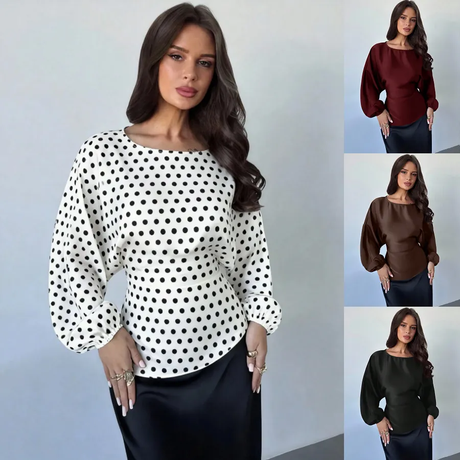 Women Elegant Satin Blouse Batwing Long Sleeve Round Neck Polka Dot Waist Tie Loose Top Office Party Commute Shirts