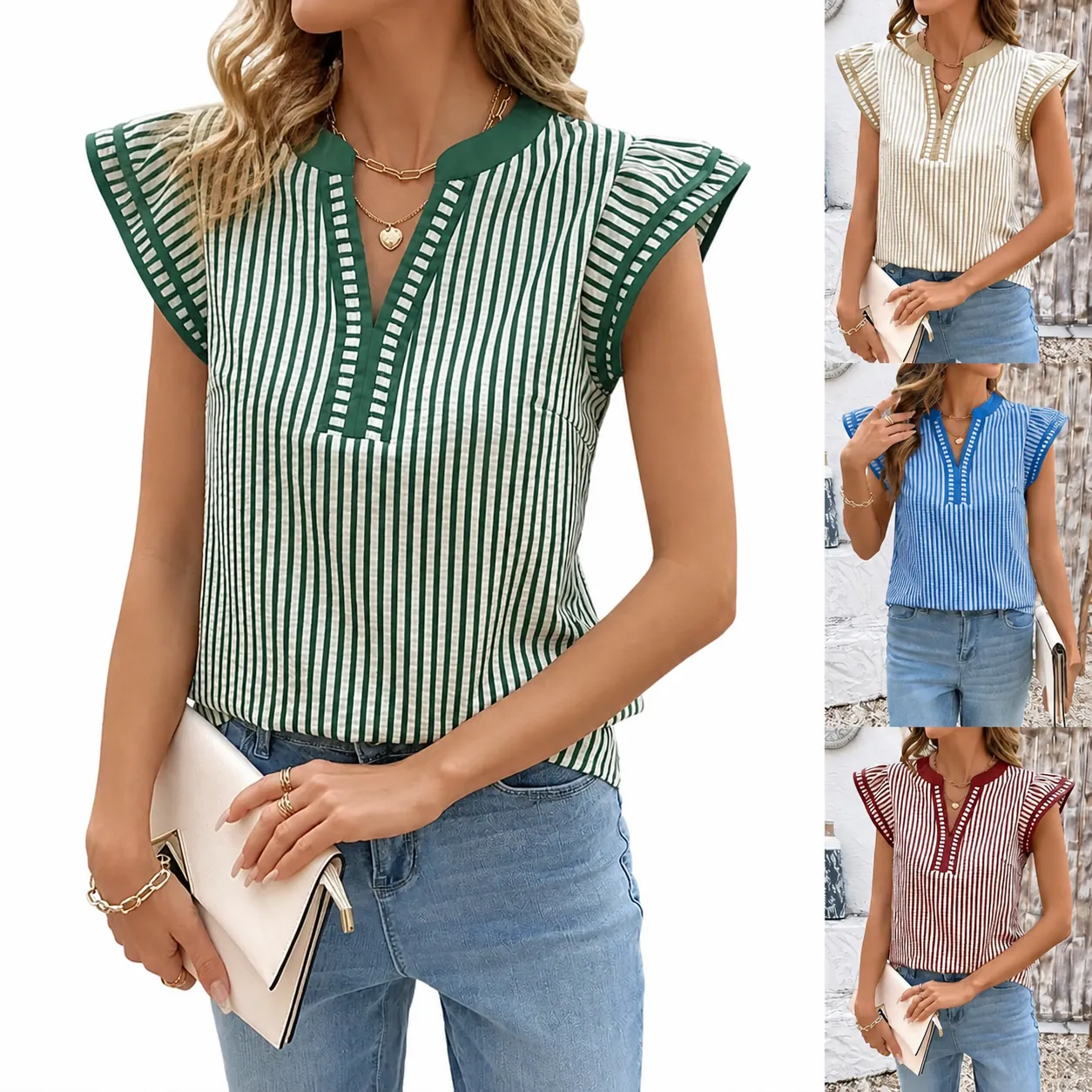 Top a Rayas de Poliéster para Mujer Con Cuello en V Bloque de Color Manga Volante Verano Casual Blusa Camisa