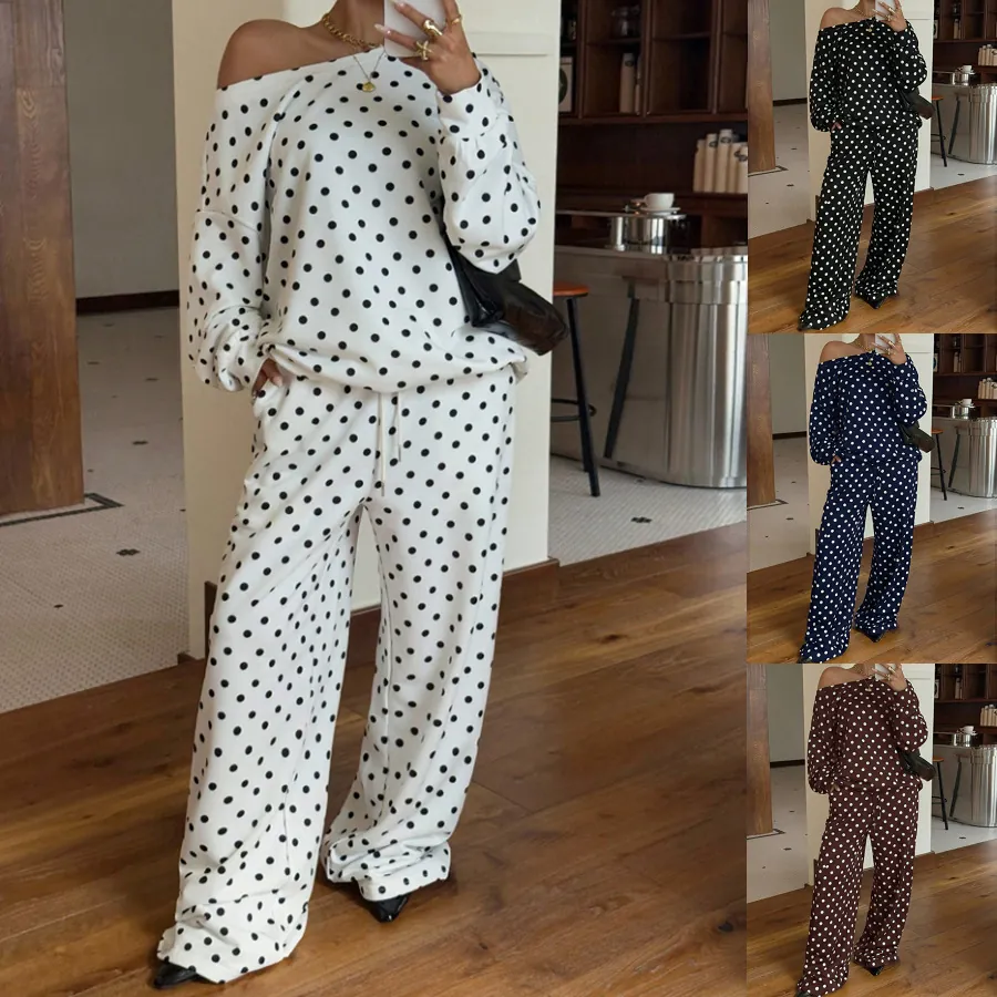 Women Casual Polka Dot Printed Top And Bottom Long Sleeve Off Shoulder Sweatshirt And Wide Leg Pants Lounge Outfit