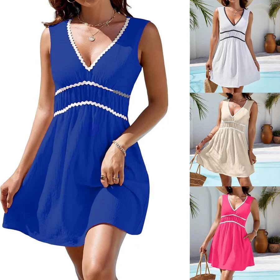Vestido de Playa de Verano para Mujer Cuello en V Sin Mangas Ribete Rickrack Cintura Ajustada Vestido Corto Elegante