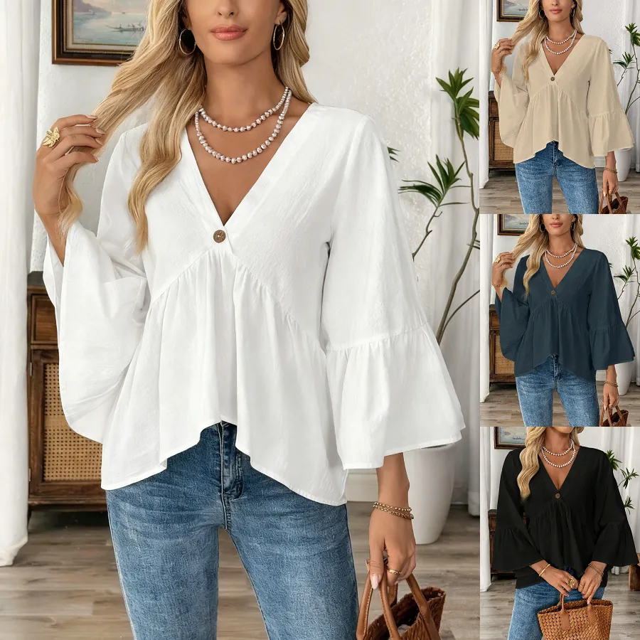 Damen V-Ausschnitt Rüschenärmel Baumwollbluse Lässig Einfarbig Locker Sitzendes Top Für Frühling Sommer Mode Bekleidung