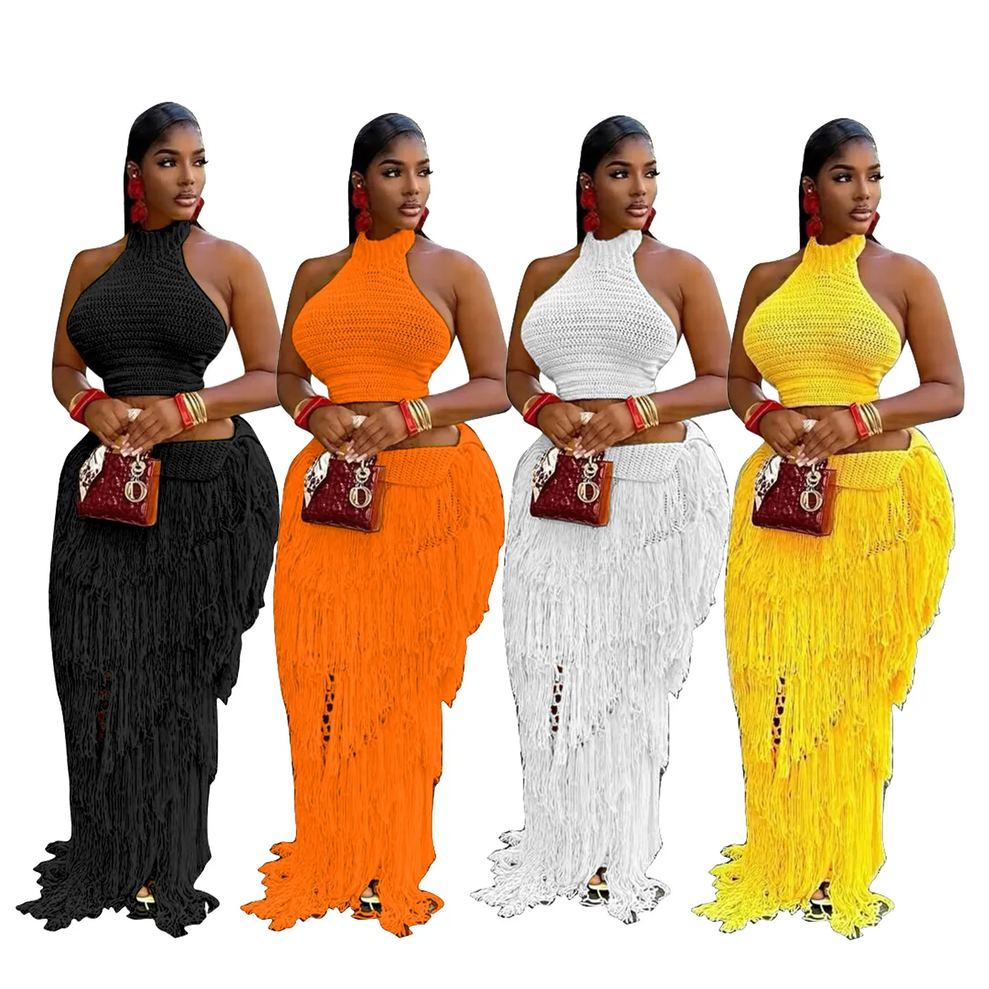 Women Knitted Halter Top And Fringe Long Skirt Top And Bottom Bohemian Beach Vacation Outfits Ribbed Knit Sleeveless Top And Tassel Skirt