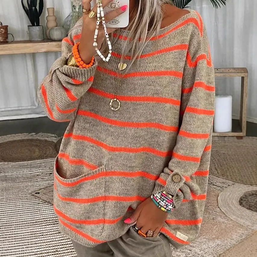 Women Striped Contrast Color Knit Sweater Crew Neck Loose Long Sleeve Pullover Pockets Casual Winter Streetwear Top
