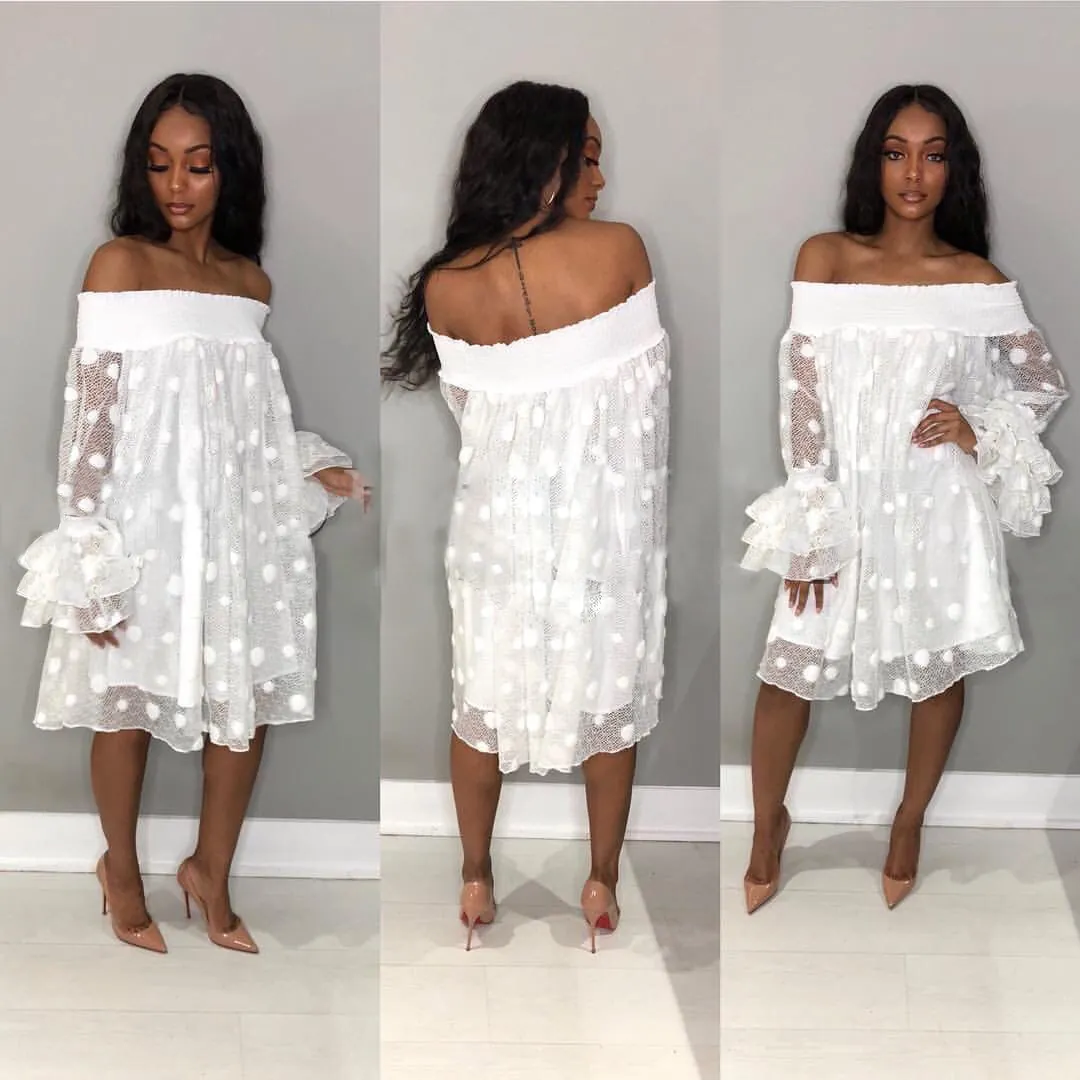 Women Off Shoulder Polka Dot Jacquard Mini Dress Tiered Flare Sleeve Loose Fit Casual Party Dress Top And Bottom Outfit