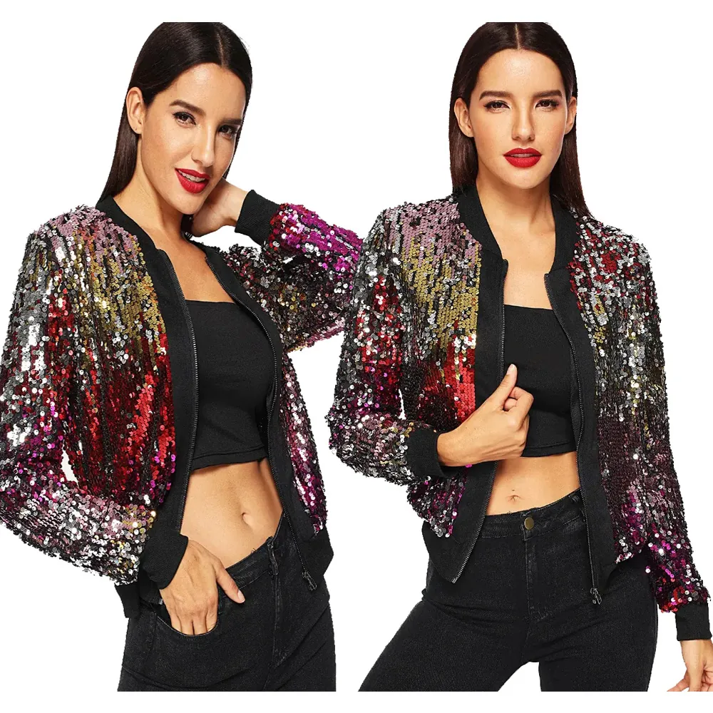 Chaqueta Bomber con Lentejuelas para Mujer Degradado Multicolor Brillante Cremallera Casual Moda Manga Larga Abrigo Baseball