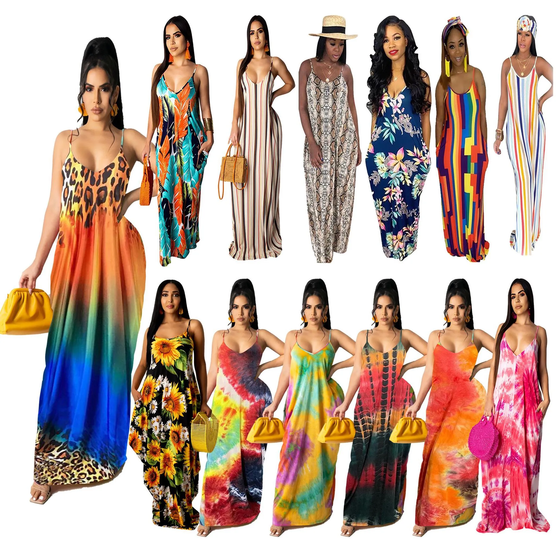 Women Casual Loose Spaghetti Strap Maxi Dress Cotton V Neck Sleeveless Summer Vacation Backless Dress With Pockets
