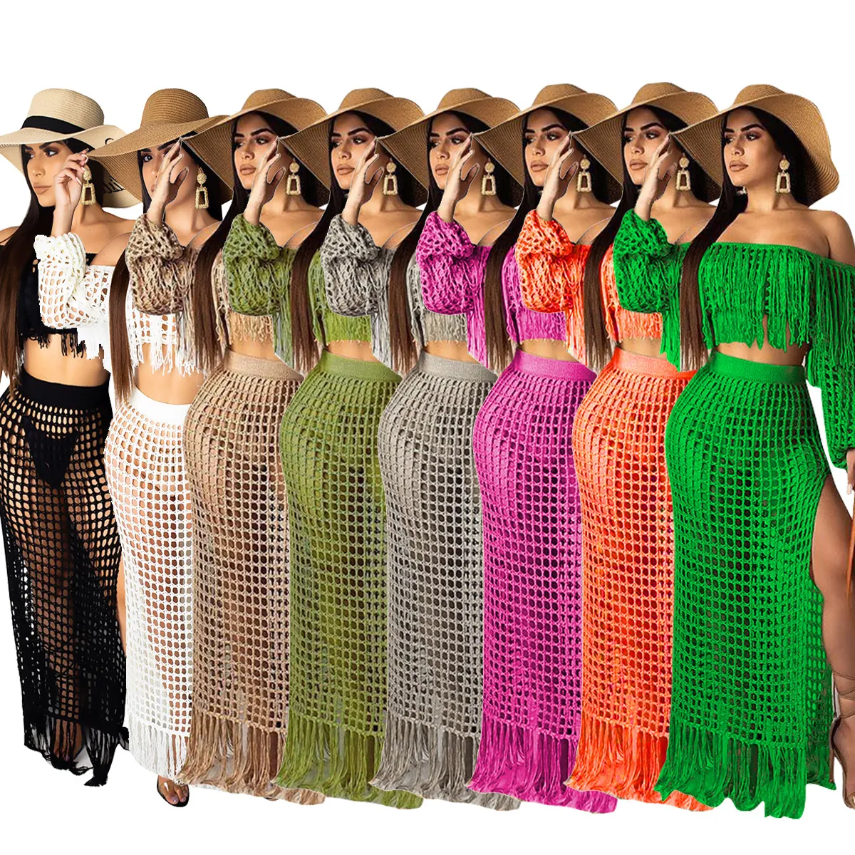 Women Casual Mesh Tassel Beach Skirt Set Off Shoulder Long Sleeve Top And High Slit Long Skirt Bohemian Vacation Outfit