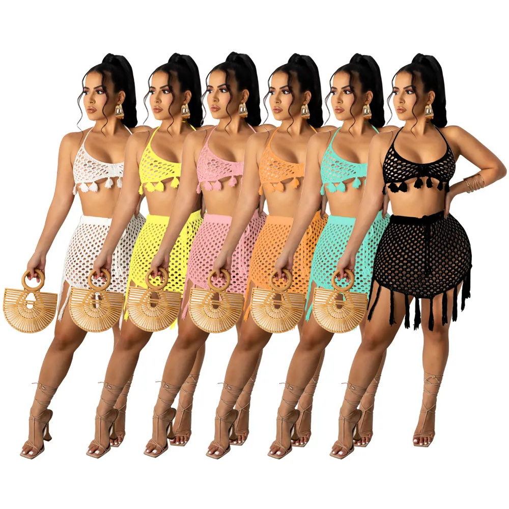 Women's Sexy Crochet Mesh Bikini Beachwear Top And Bottom Bohemian Hollow Out Tassel Halter Vacation Swimsuit Set