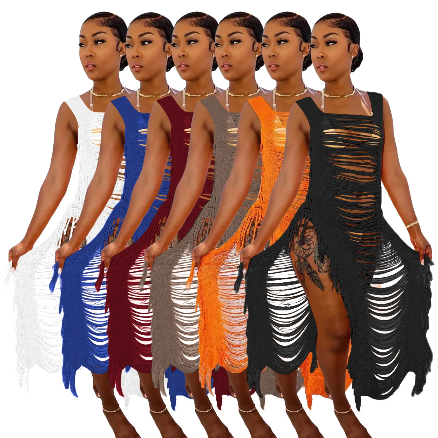 Damen Casual Strick Hohl Aus Strandkleid Seite Bindung Quaste Ärmellos Midi Sommerkleid Urlaub Bademode Cover Up