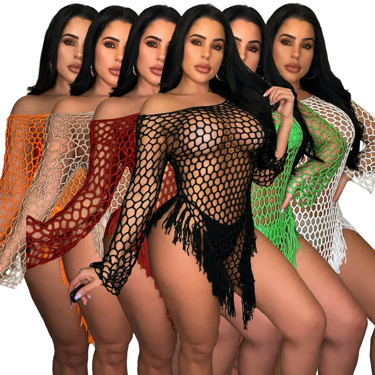 Women Sexy Crochet Beach Cover Up Dress Hand Woven Hollow Mesh Tassel Hem Long Sleeve Off Shoulder Swimwear Coverup