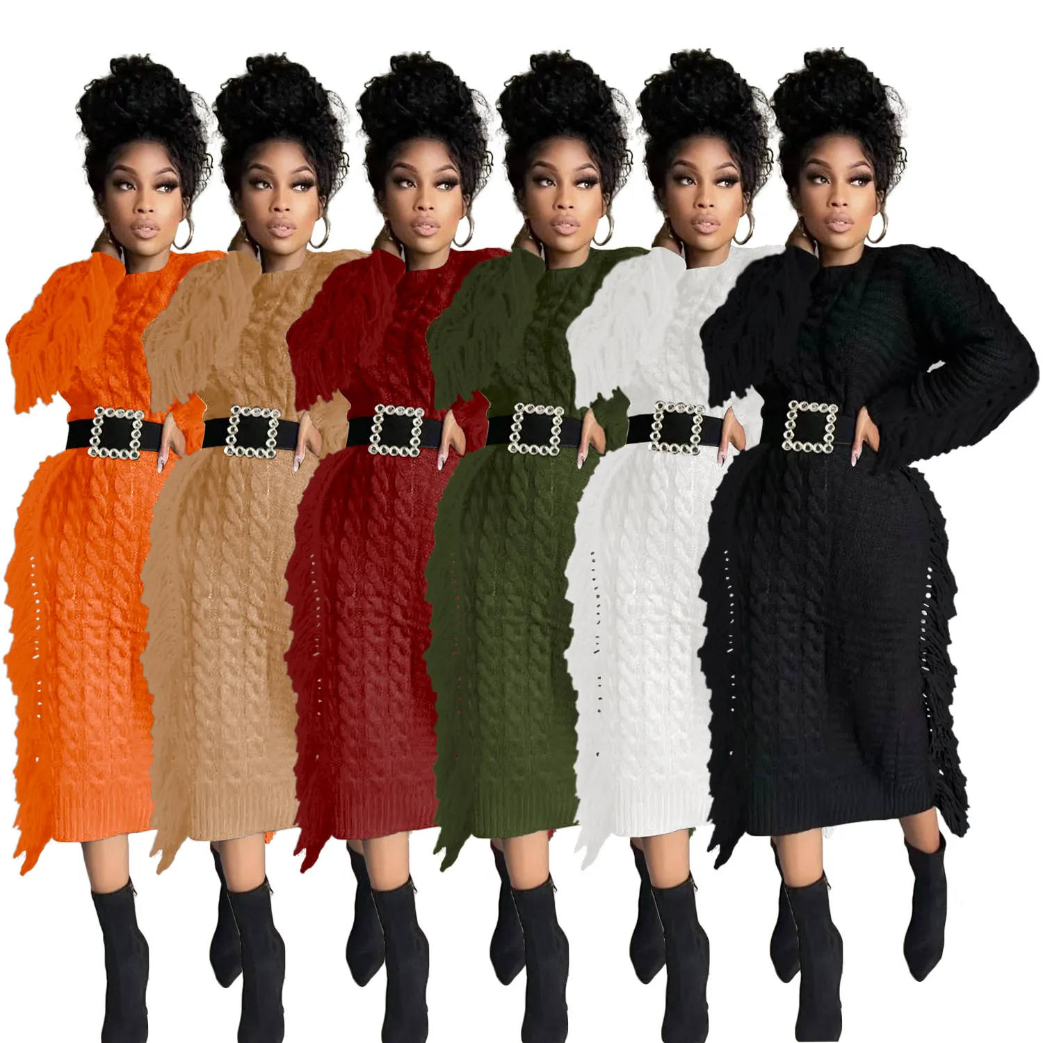 Women's Long Cable Knit Sweater Dress With Tassels And Rhinestone Buckle Belt Casual Long Sleeve Crew Neck Midi Dress
