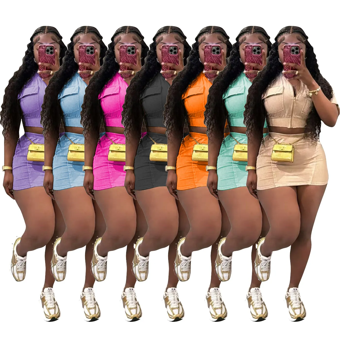 Ensemble Top And Bottom en Tricot Côtelé Lavé pour Femme Décontracté Ajusté avec Fermeture Éclair et Mini-jupe Été Mode