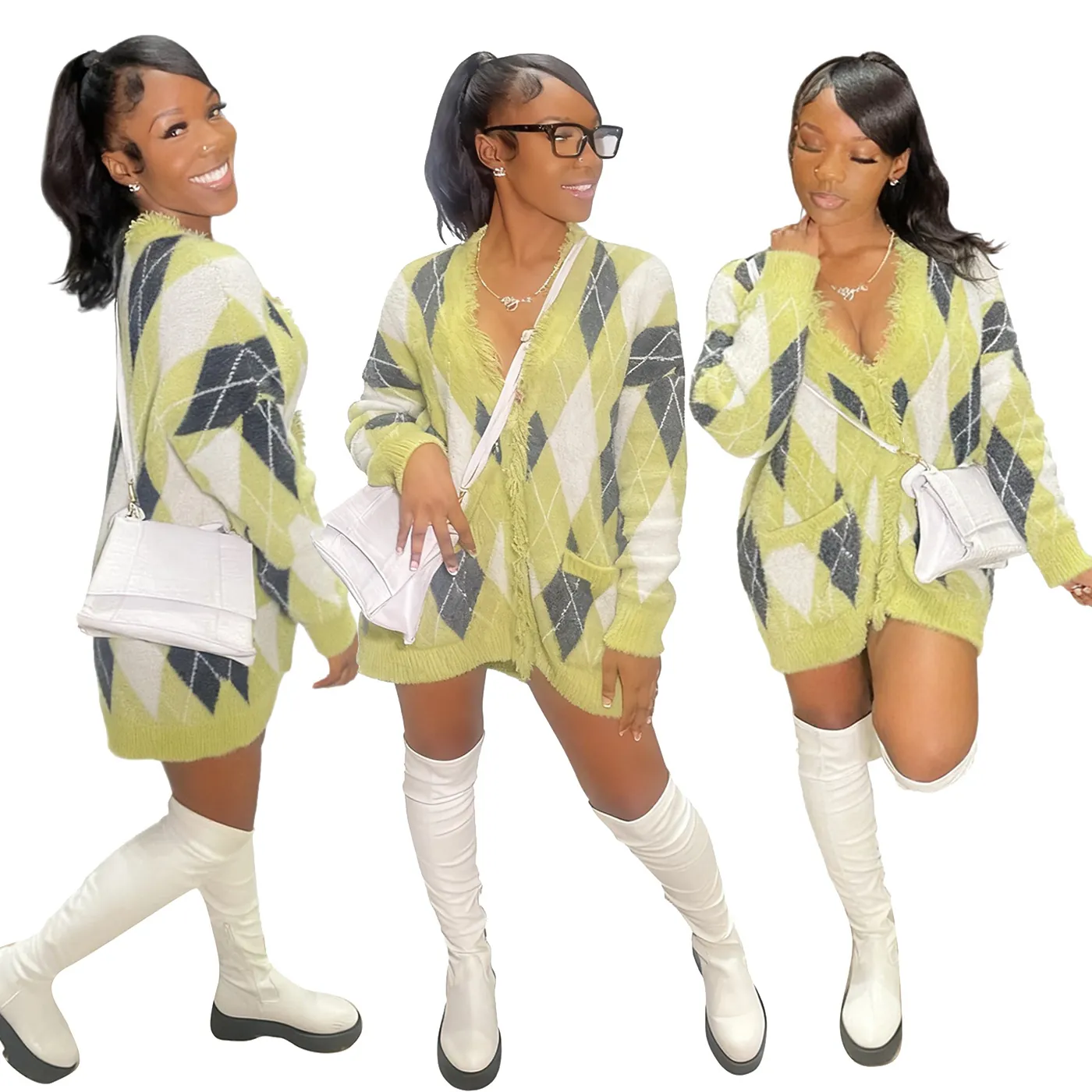 Cardigan en Tricot Décontracté pour Femmes Surdimensionné Manches Longues Motif Argyle Col en V Bord Effiloché Top