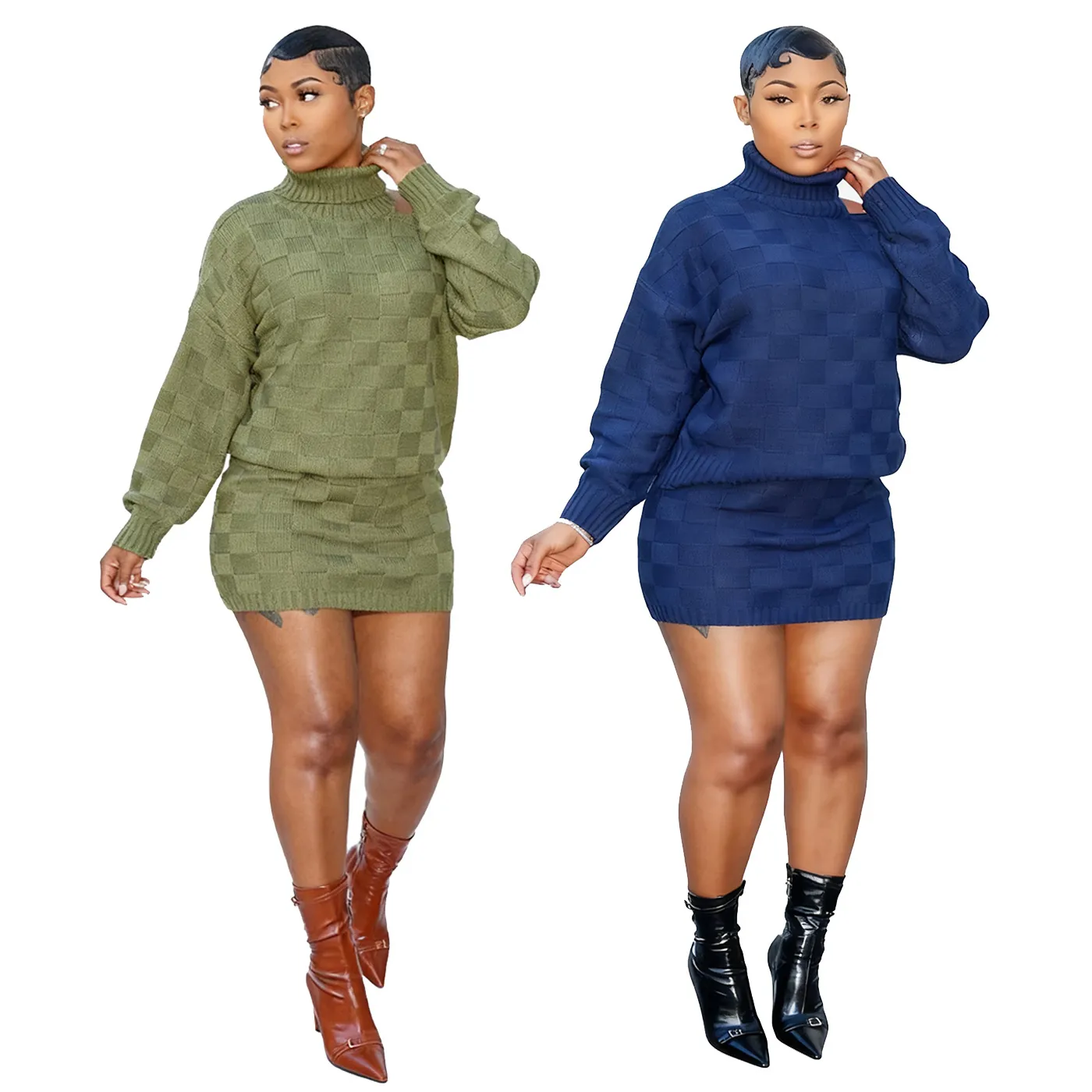 Women Checkered Knitted Skirt Set High Neck Cold Shoulder Top And Bottom Long Sleeve Polyester Two Piece Casual Outfit