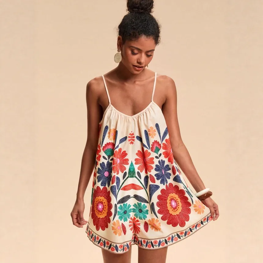 Women Summer Floral Print Romper Spaghetti Strap V-Neck Sleeveless Jumpsuit Loose Bohemian Vacation Beachwear Top And Bottom