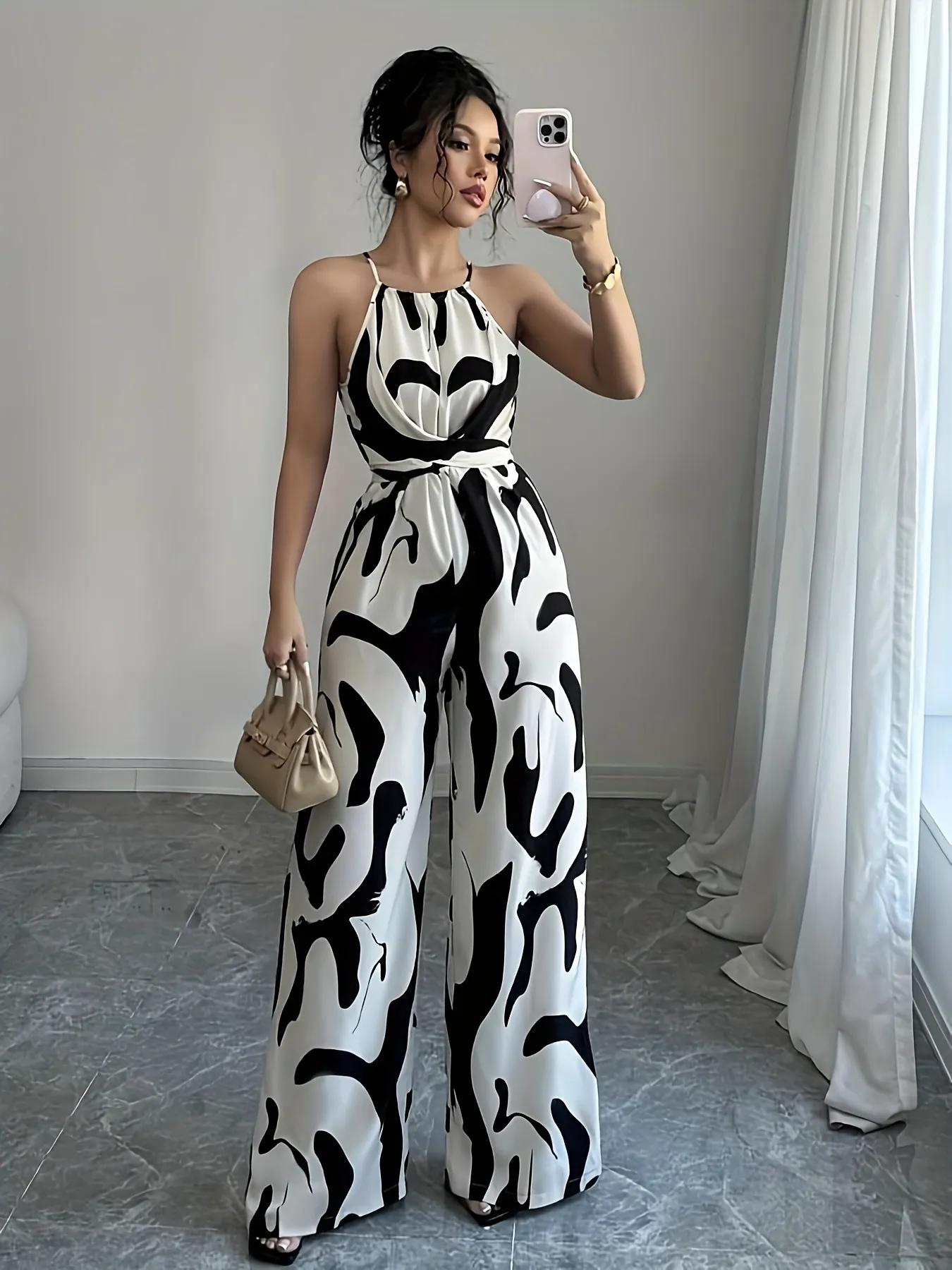 Women Rayon Halter Neck Jumpsuit Milk Cow Print Waist Slimming Wide Leg Top And Bottom Streetwear Casual Summer Jumpsuit