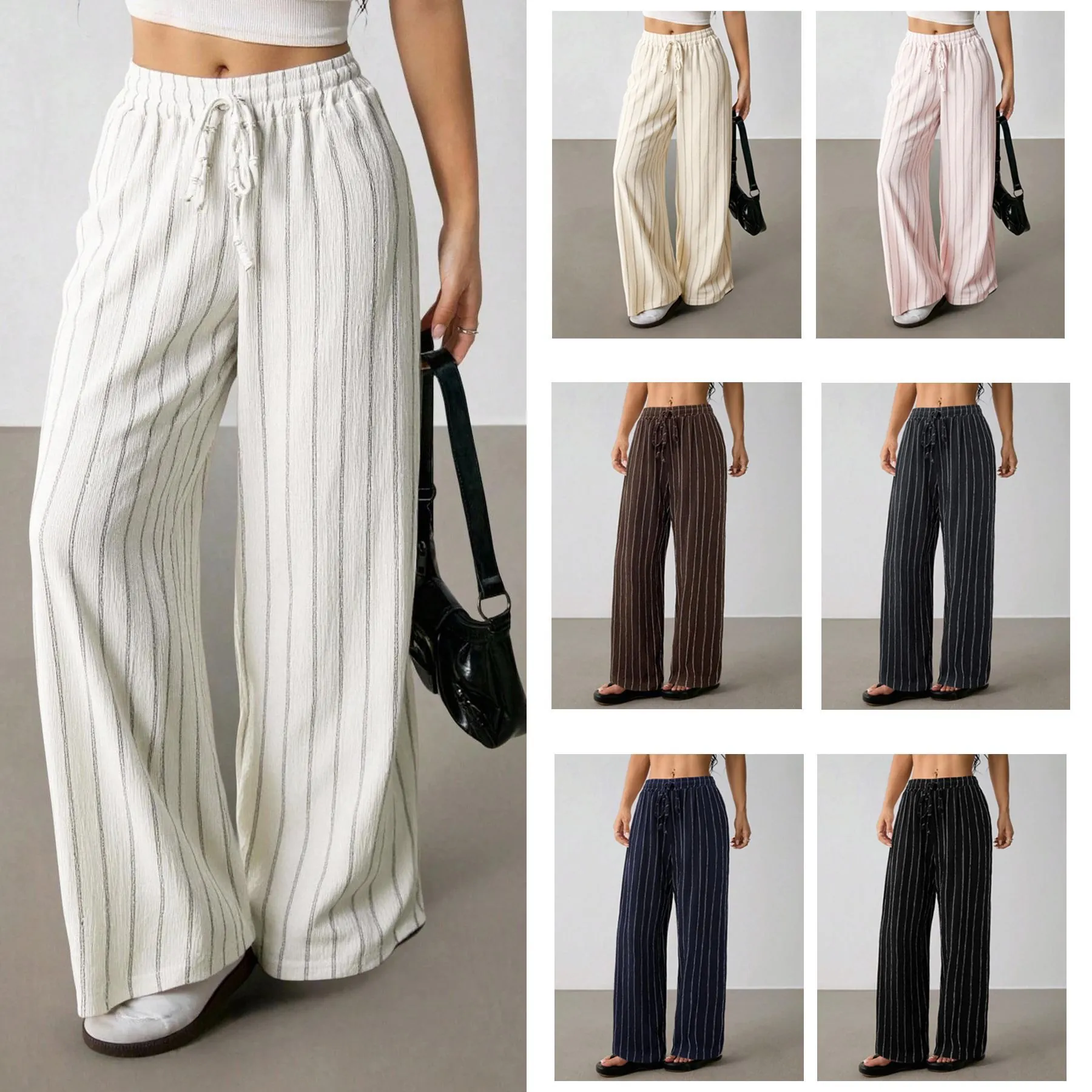 Damen Gestreifte Weite Hose Kordelzug Elastische Taille Lässig Locker Volle Länge Hose Vertikale Streifen Polyester Elasthan Mode Unterteil