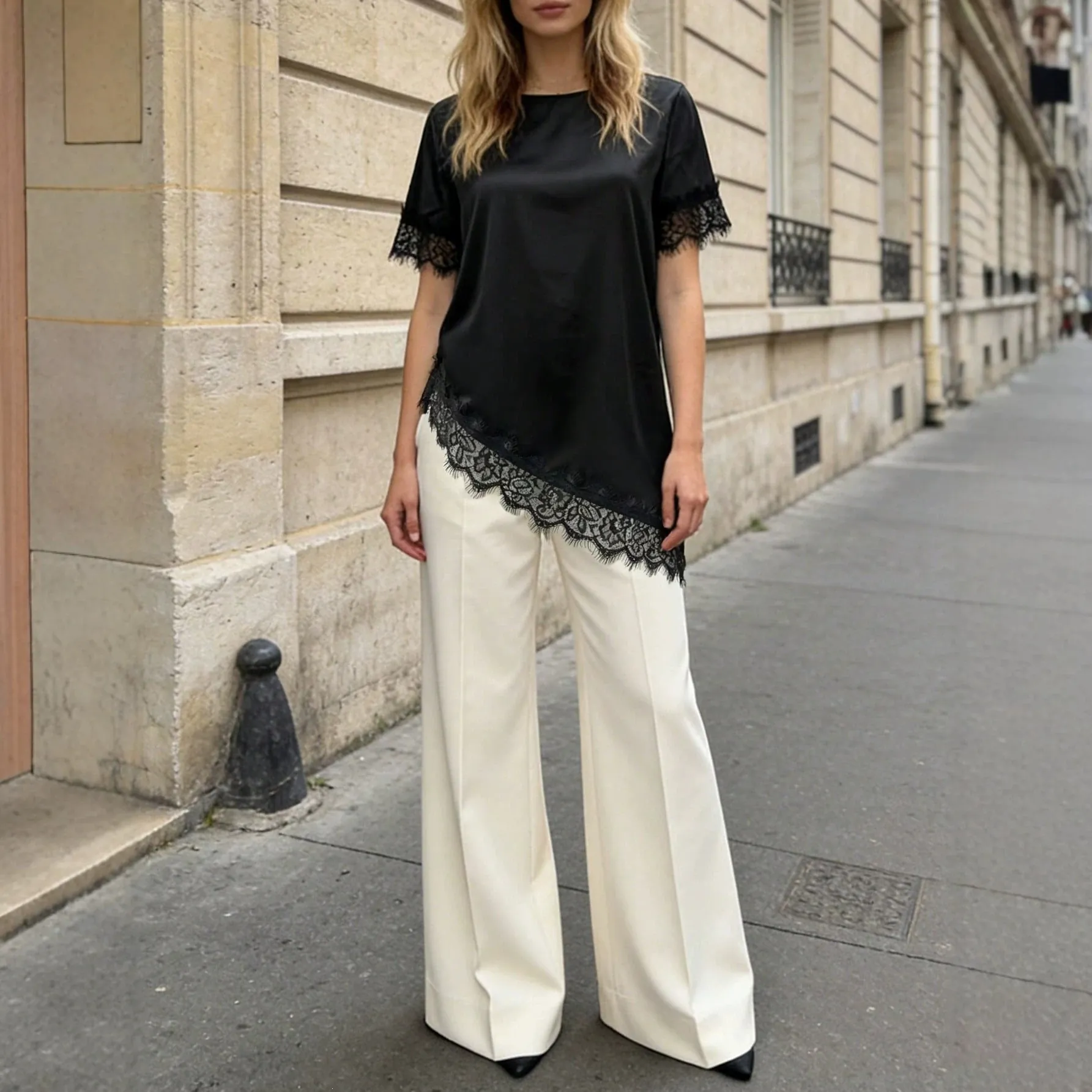 French Style Satin Patchwork Lace T-Shirt For Women Summer Short Sleeve Top Irregular Hem Casual Slimming Tee