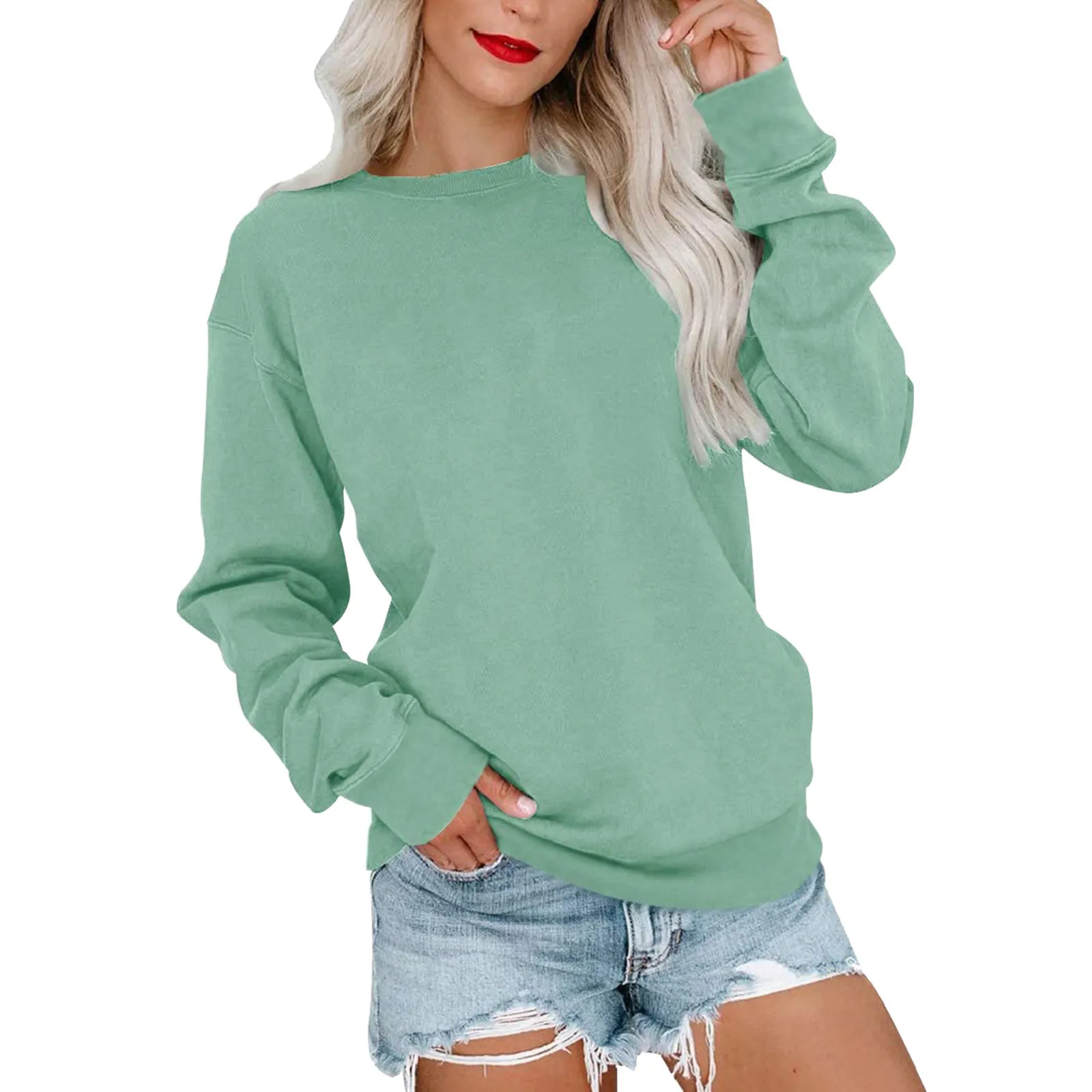 Sweat-shirt Décontracté en Polyester pour Femmes Ample à Col Rond Épaules Tombantes Top Pullover Couleur Unie Manches Longues