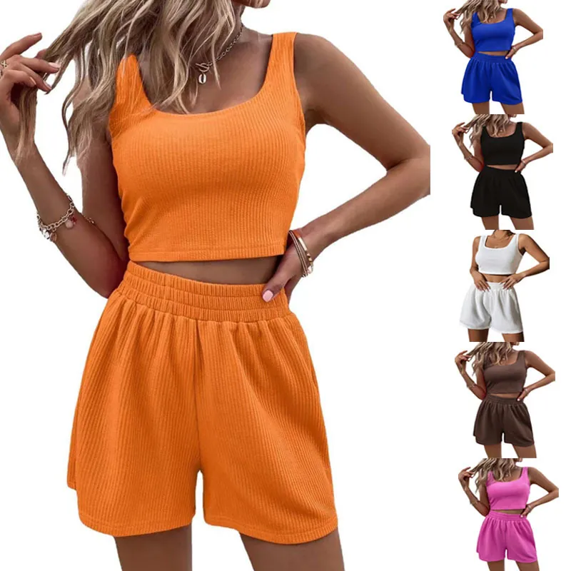 Completo Donna Dolce Fresco in Maglia a Costine Top E Bottom Canotta Crop Senza Maniche E Pantaloncini a Vita Alta Casual Snellente Moda Sportiva