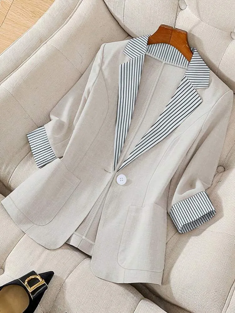 British Style Women Contrast Lapel Blazer Loose Elegant Patchwork Stripe Sleeve Single Button Commuter Suit Jacket Top