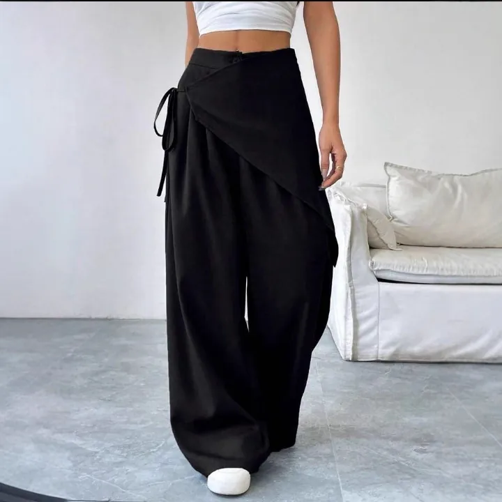 Women's Irregular Design High Waist Wide Leg Suit Pants Elegant Loose Fit Tie Detail Straight Trousers Casual Dress Pants