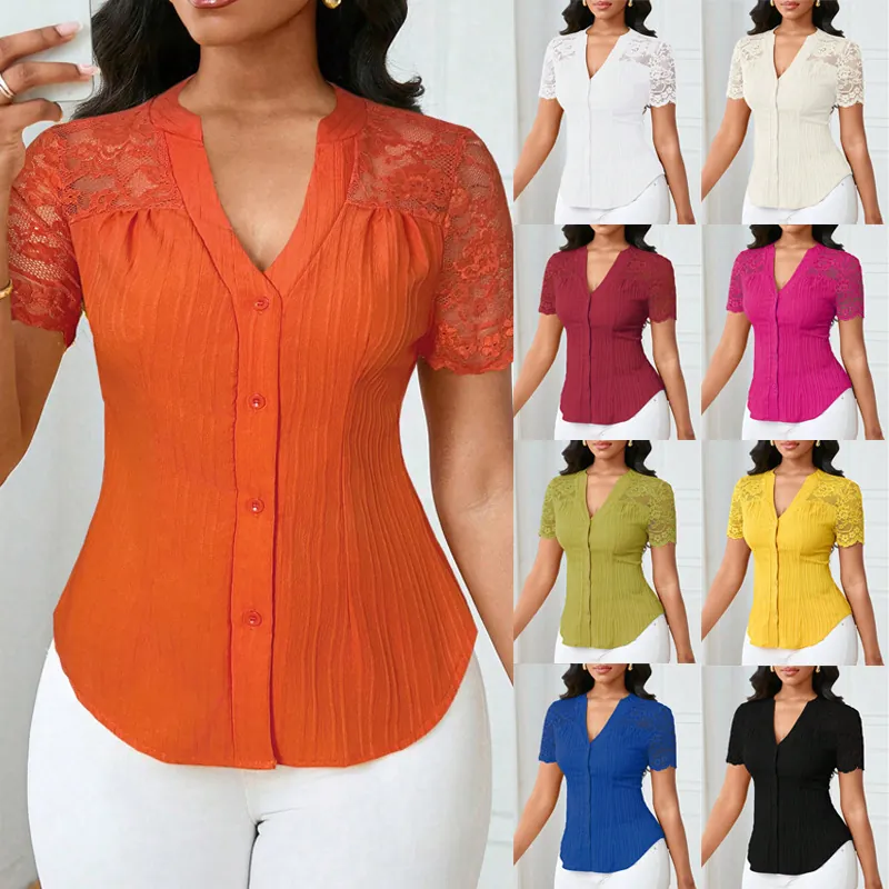 Women Slim Fit Short Sleeve Top Lace Patchwork Hollow Out V Neck Single Breasted Solid Ribbed Elegant Casual T-Shirt