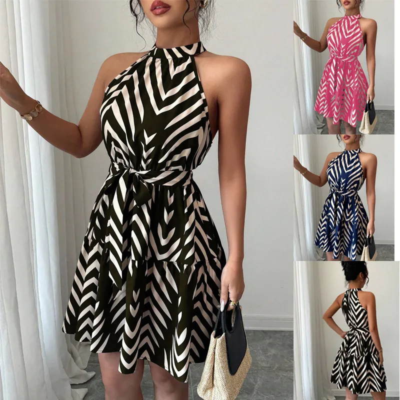 Women's Fashion Halter Neck Sleeveless Stand Collar Wave Striped Printed Mini Dress Sexy Bodycon Waist Tie Short Dress